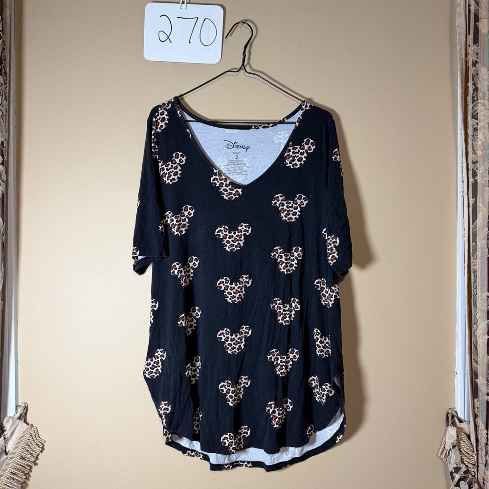 Disney Mickey Mouse Leopard Print V-Neck Top Black Plus Size 2 Short Sleeve